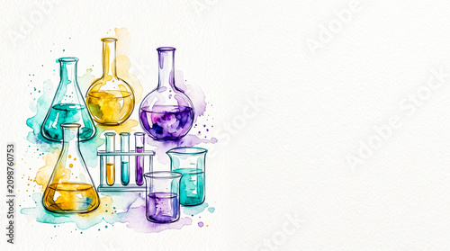 Watercolor chemistry lab background with clean white copy space