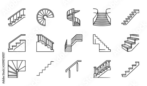 Modern Staircase Outline Icon Collection with Handrail Architectural Vector Symbols