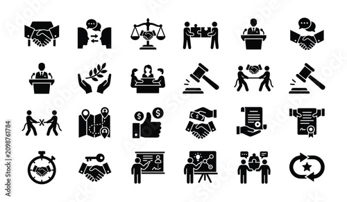 Photos Negotiation mediation agreement solid icons set, handshake legal contract meetin