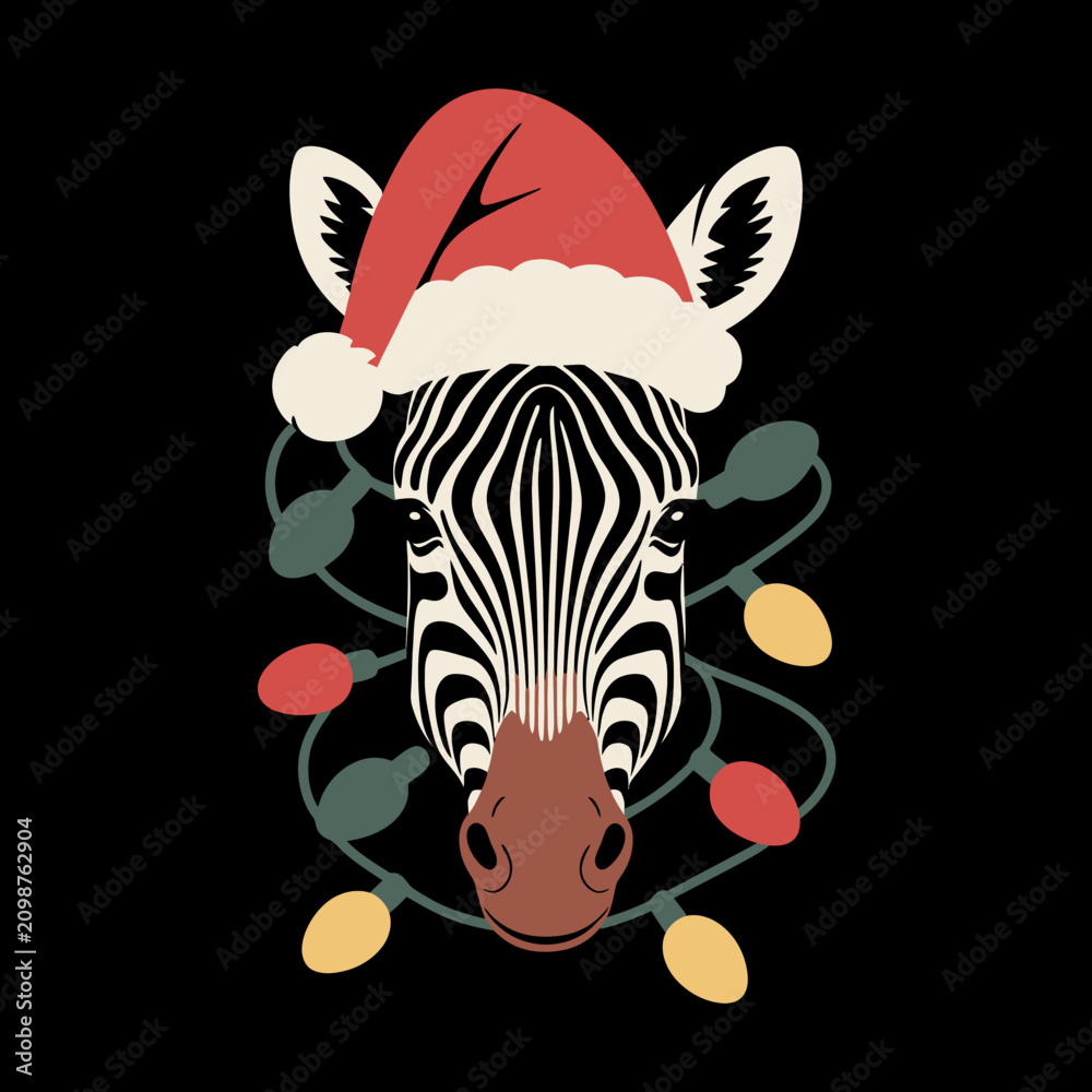 Obraz premium A zebra wearing a Santa hat is surrounded by colorful Christmas lights. The minimalist design contrasts with the black background.