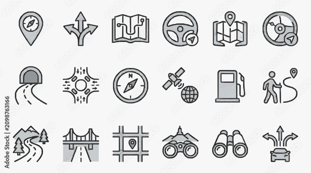 Fototapeta premium Creative Set of Minimalist Monochrome Icons Featuring Travel Navigation and Adventure Elements in Gray and White