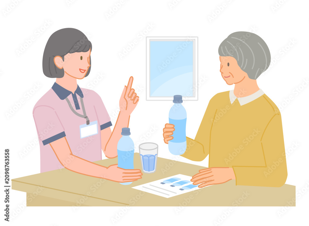 Obraz premium 医療スタッフから水分補給の説明を受けるシニア女性