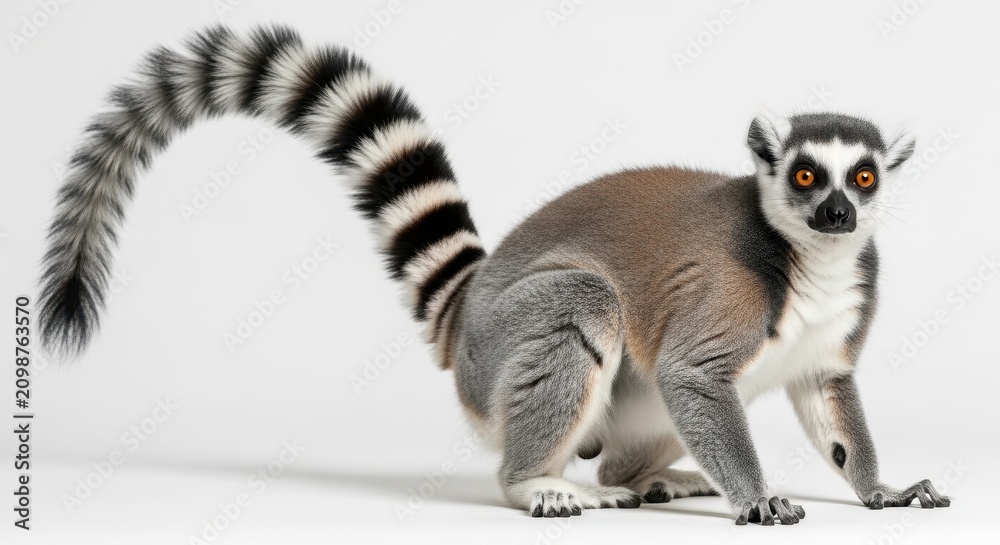 Obraz premium Full Body Portrait of a Ring-tailed Lemur (Lemur catta) Isolated on a Clean White Background