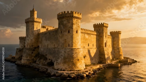 Magnificent Mamure Castle fortress on the Mediterranean coast with well-preserved medieval walls and towers, historic stronghold, no people, 8k.