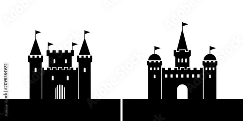 Castles with Flags on Top of Them in a Black and White Illustration Featuring Castle, Medieval, Vector with Flag and Tower