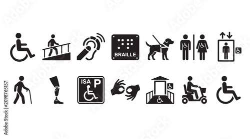 Accessibility icons, disability signs, braille symbols, wheelchair and assistance pictograms, accessibility symbols