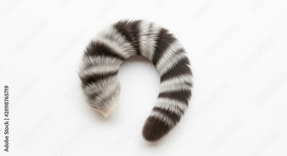Fototapeta premium Striped Fluffy Animal Tail with Black and White Rings Isolated on White Background for Fashion and Design