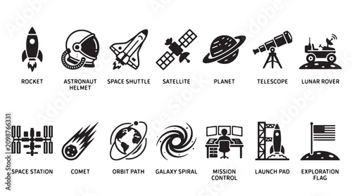 Obraz na płótnie Space icons, astronomy symbols, rocket and planet graphics, space exploration il