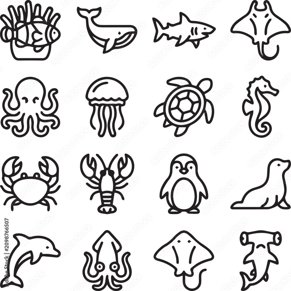 Obraz premium Set of sea animal line icons featuring whale shark octopus and turtle for marine biology and ocean life graphic design projects