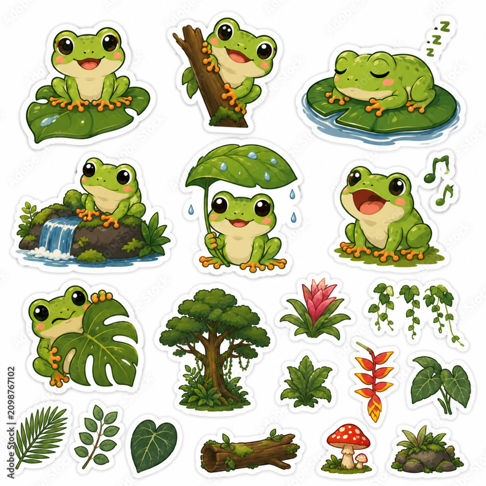 Fototapeta premium set of frogs with rainforest Stickers