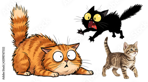 Funny cat character set with scared black kitten surprised ginger tabby and cute grey cat isolated on transparent background for cartoon design art.