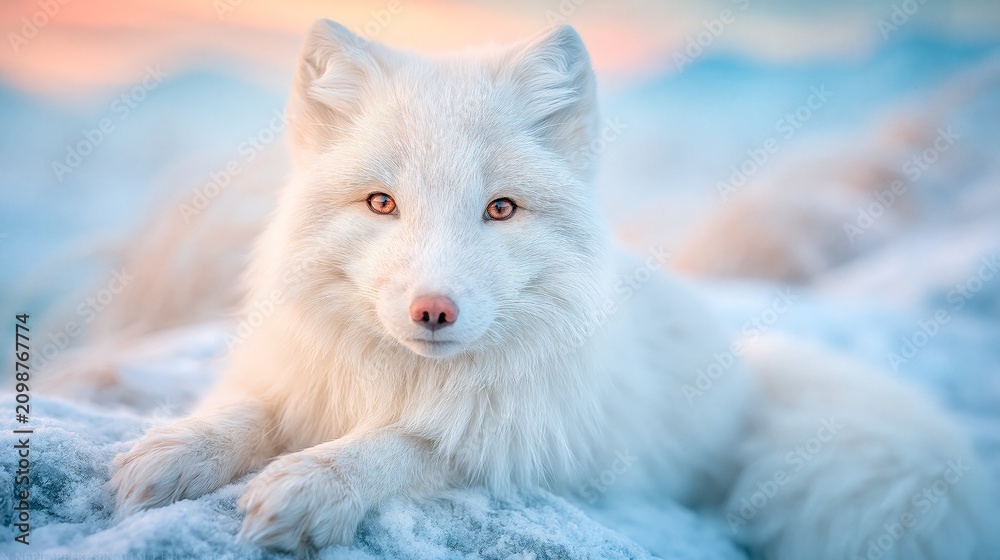 Fototapeta premium White Arctic fox resting peacefully on snow, displaying thick winter fur, gentle expression, and remarkable adaptation to the frozen northern wilderness.
