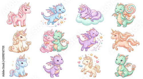 Cute cartoon unicorn and dragon sticker set featuring magical creatures in pastel colors with stars and hearts isolated on transparent background art.