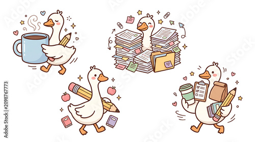 Cute cartoon goose student character set with coffee cup pencil paper stacks and books for education concept isolated on transparent background art.