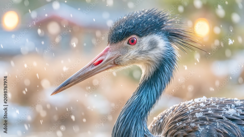 Fototapeta premium Close-up portrait of a crane covered with delicate snowflakes, highlighting striking red eyes, textured feathers, and dramatic winter wildlife beauty.