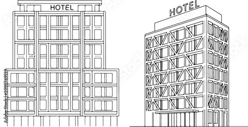 Photos Hotel building line art vector illustration set with frontal and perspective vie