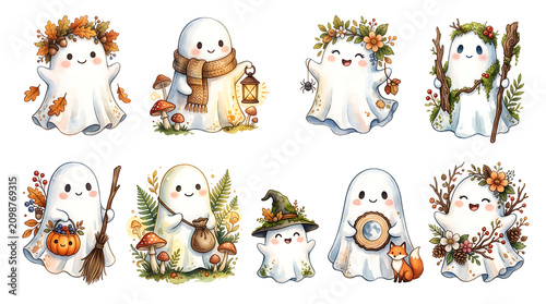 Set of cute little ghost characters with seasonal autumn nature elements like mushrooms leaves flowers and forest accessories isolated on transparent back.