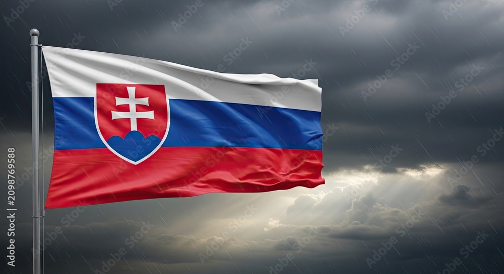Fototapeta premium Slovakian national flag waving under dark storm clouds.
