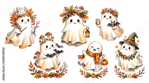 Cute cartoon ghosts in fall autumn costumes with pumpkins, maple leaves, and acorns, spooky Halloween characters illustration.