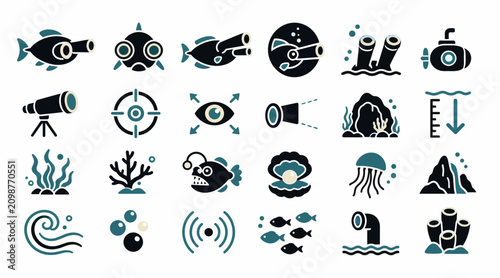 Fotografía Flat Design Ocean Life and Underwater Exploration Icons.
