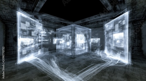 Abstract holographic cubes in a futuristic digital environment.
