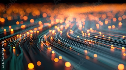 Abstract orange fiber optic data stream lines.
