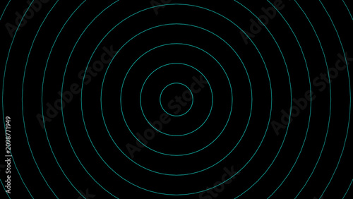 Abstract background of concentric teal circles on a deep black background creating a visual effect of ripples sound waves or a target with a futuristic and technological feel. Keywords: abstract