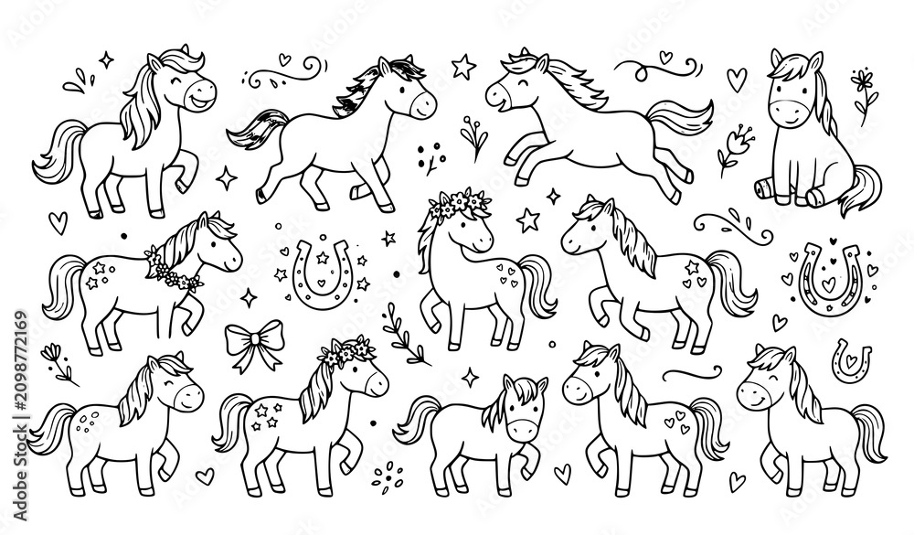 Obraz premium Retro horse doodle sticker vector collection