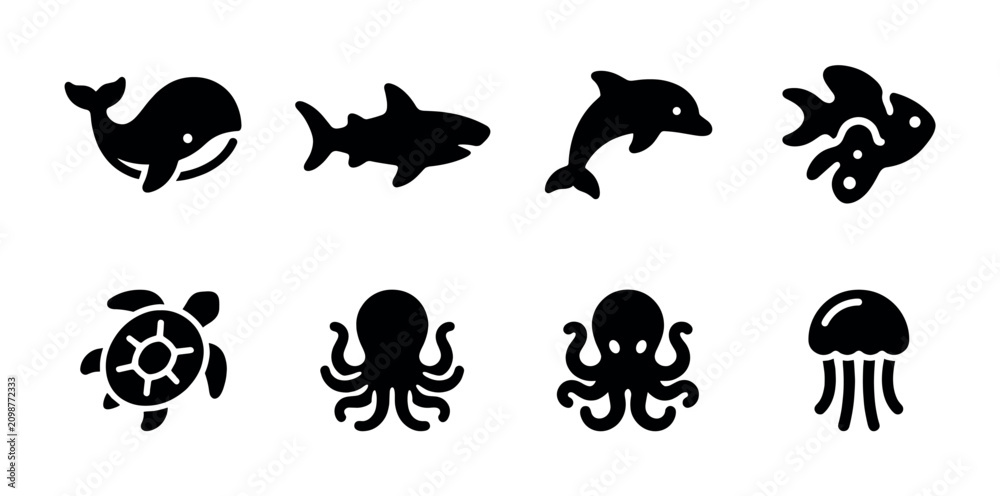 Obraz premium Eight simple black graphic icons representing various sea creatures are neatly arranged on a clean white background