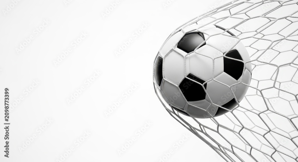 Fototapeta premium Soccer Ball Hitting the Net Isolated on White Background with Copy Space - Goal Concept