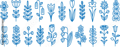 Set of blue hand drawn floral elements and decorative botanical line art icons for creative design projects isolated on a white background vector