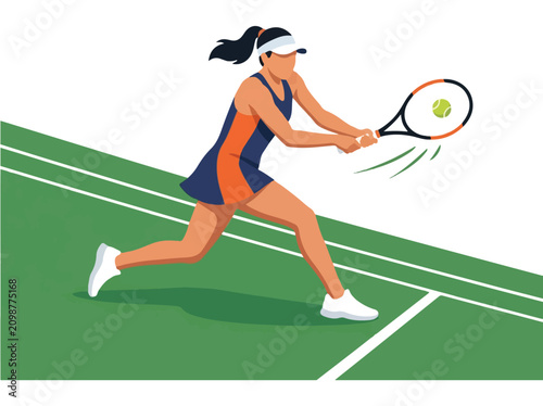 Female tennis player swinging racket on court halftone graphic