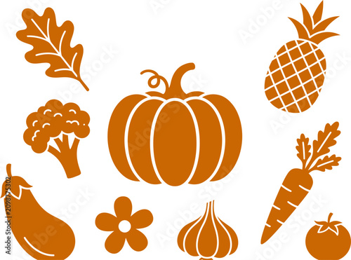 Set of various orange vegetable and fruit icons