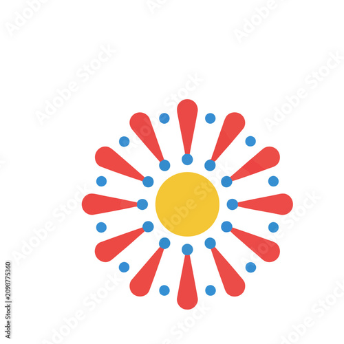 Abstract sunburst with red petals and blue dots
