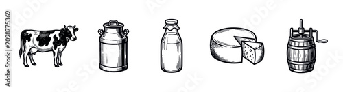 Black and white hand-drawn illustration features a cow, milk can, bottle, cheese, and butter churn on a clean white background