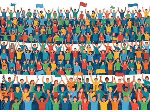 Crowd of fans with raised arms in monochrome halftone style