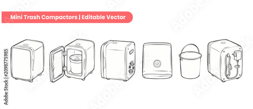 Foto Mini trash compactor vector icon set of electric garbage bin appliance with outline drawings of portable kitchen waste disposal and recycling bucket device isolated on white background
