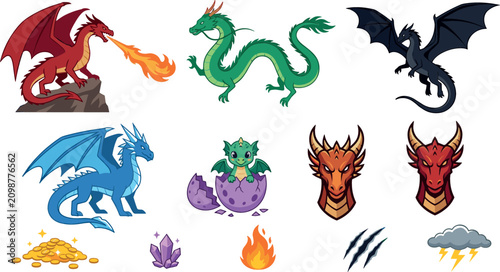 Fotografie Mythical Fantasy Dragon Monster Logo Clipart Collection Vector Featuring Flat Ca