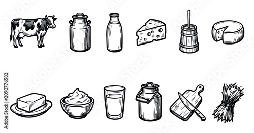 Various hand-drawn dairy products and farm elements, including a cow, milk, cheese, butter, and a wooden butter churn, rendered in a vintage engraving style on a clean white background