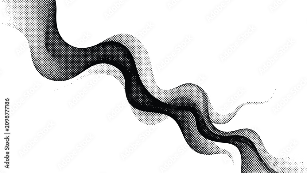 Fototapeta premium Abstract wavy vector illustration featuring black and white halftone dots creating a smooth flowing organic shape for modern creative designs