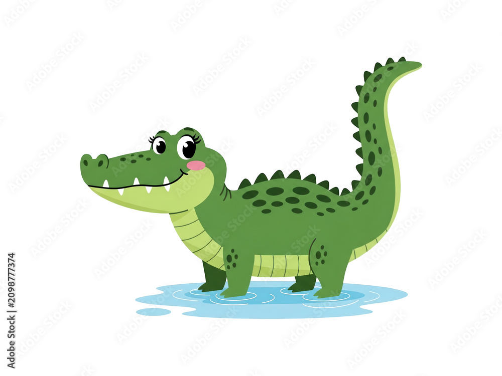 Fototapeta premium Cute cartoon alligator standing in water, friendly expression, ideal for children content