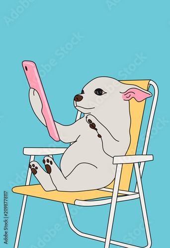 Illustration of a Happy Smiling White Chihuahua Dog Holding a Smartphone, Sitting on a Beach Chair Against Light Blue Background