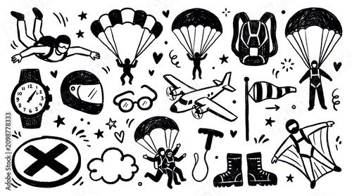 Hand-drawn black and white skydiving and parachuting doodle icons on a clean white background, creating an energetic and adventurous pattern