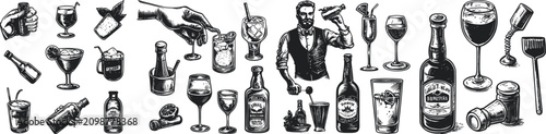 A diverse collection of alcoholic beverages including wine, whiskey, beer, and cocktails presented with various glassware and bottles, suited for celebrations and social gatherings.
