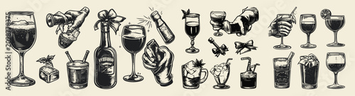 A collection of elegant drinkware and beverage icons featuring wine glasses, champagne flutes, cocktail glasses, bottles, and various drink items for social events and celebrations.