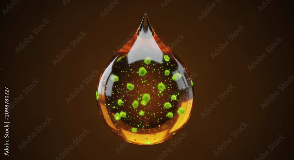 Obraz premium Dynamic conceptual rendering of an amber liquid droplet infused with bright green glowing particles, symbolizing advanced scientific formulations, biotechnology, and microscopic discovery processes