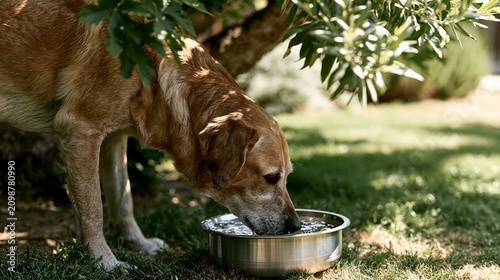 Senior dog drinking fresh water in the shade during a heatwave to prevent dehydration and heat stress in hot summer weather