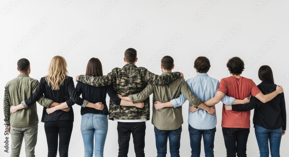 Fototapeta premium Multiethnic Group of Friends Standing with Arms Around Each Other Back View Symbolizing Unity and Support