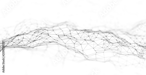 Konstfotografi Black polygon network wave on white background with connected nodes and thin lines