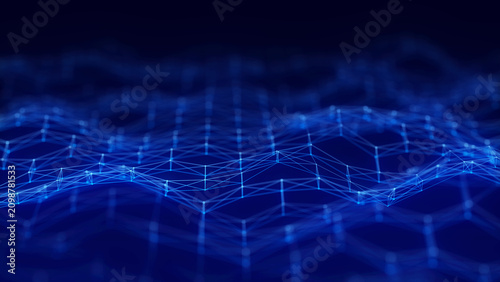 Blue digital network mesh on dark background with glowing polygon lines and soft depth. Abstract technology image for data connection, communication and futuristic design.